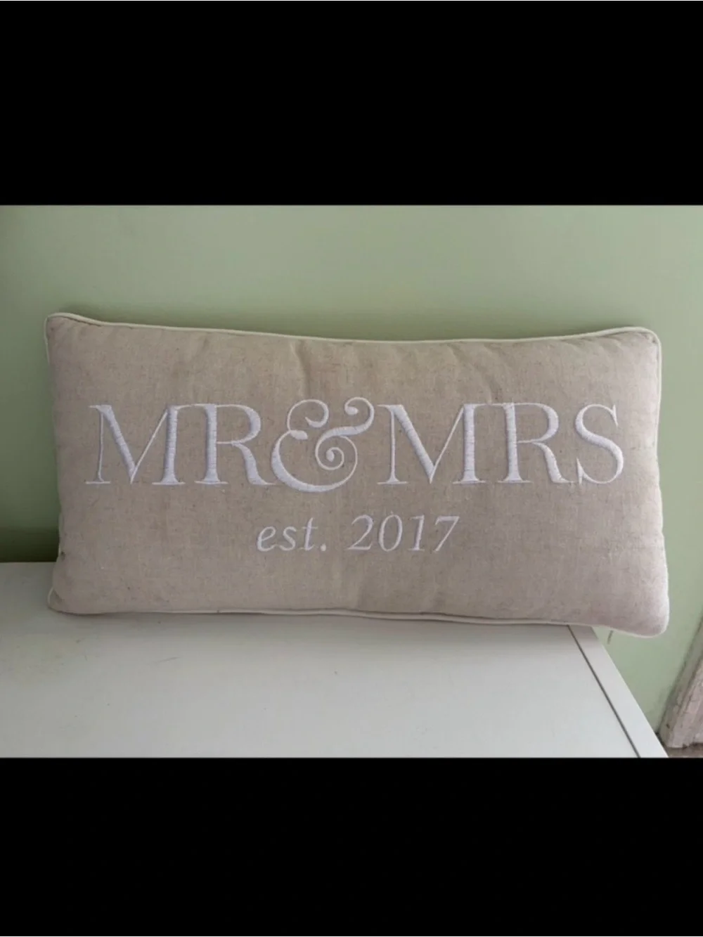 MR & MRS Embroidered Lumbar Pillow in Beige with White Text